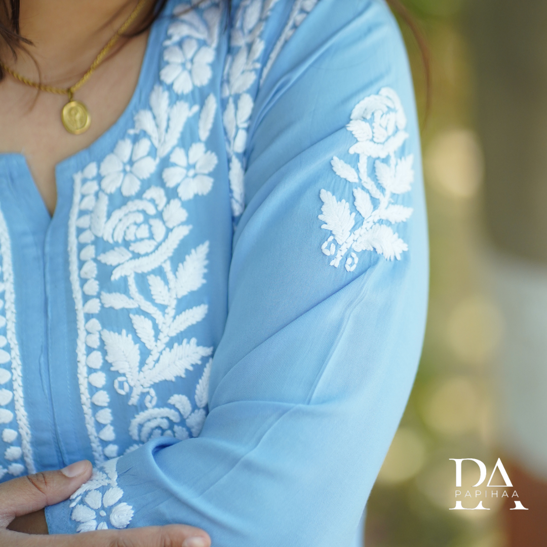 Powder Blue Modal 3D Chikankari Rose Panel Kurti