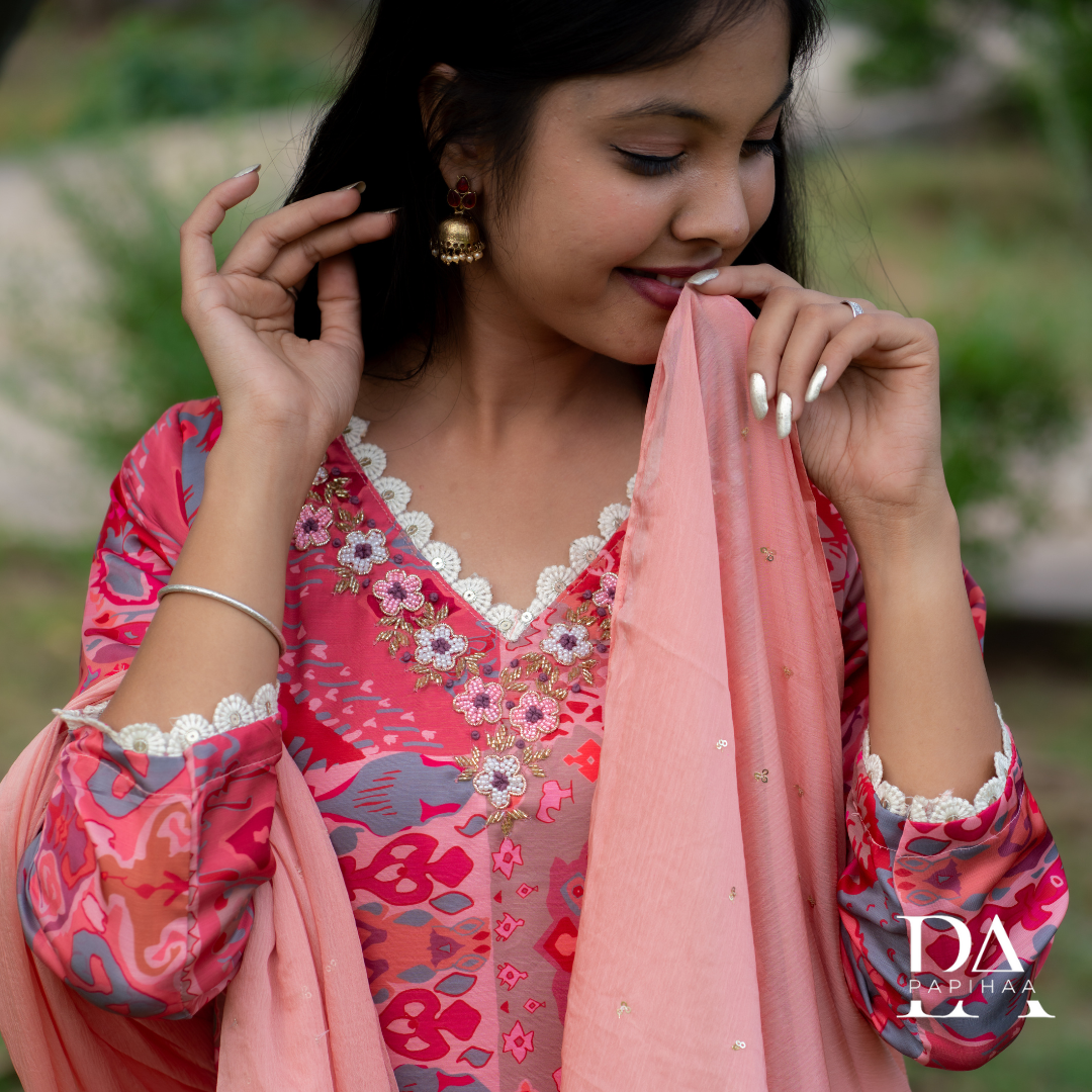 Shadmani Peach Colored Muslin Straight Stitched Suit