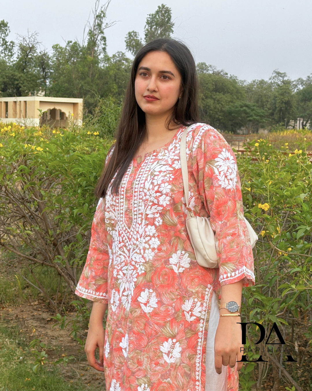 Neeraja Orange  floral carnation printed 3d Chikankari Kurti