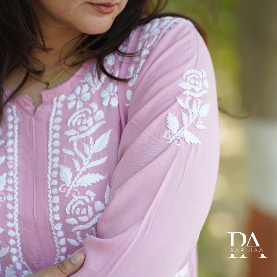 BubbleGum Pink Modal 3D Chikankari Rose Panel Kurti