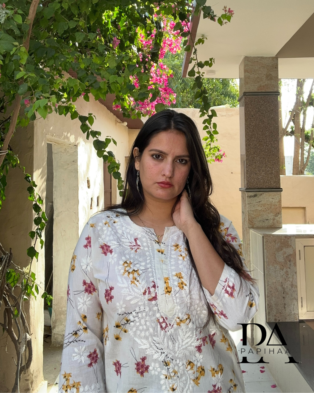 Bougainvillea Off-white Premium Mulmul Printed Chikankari Kurti