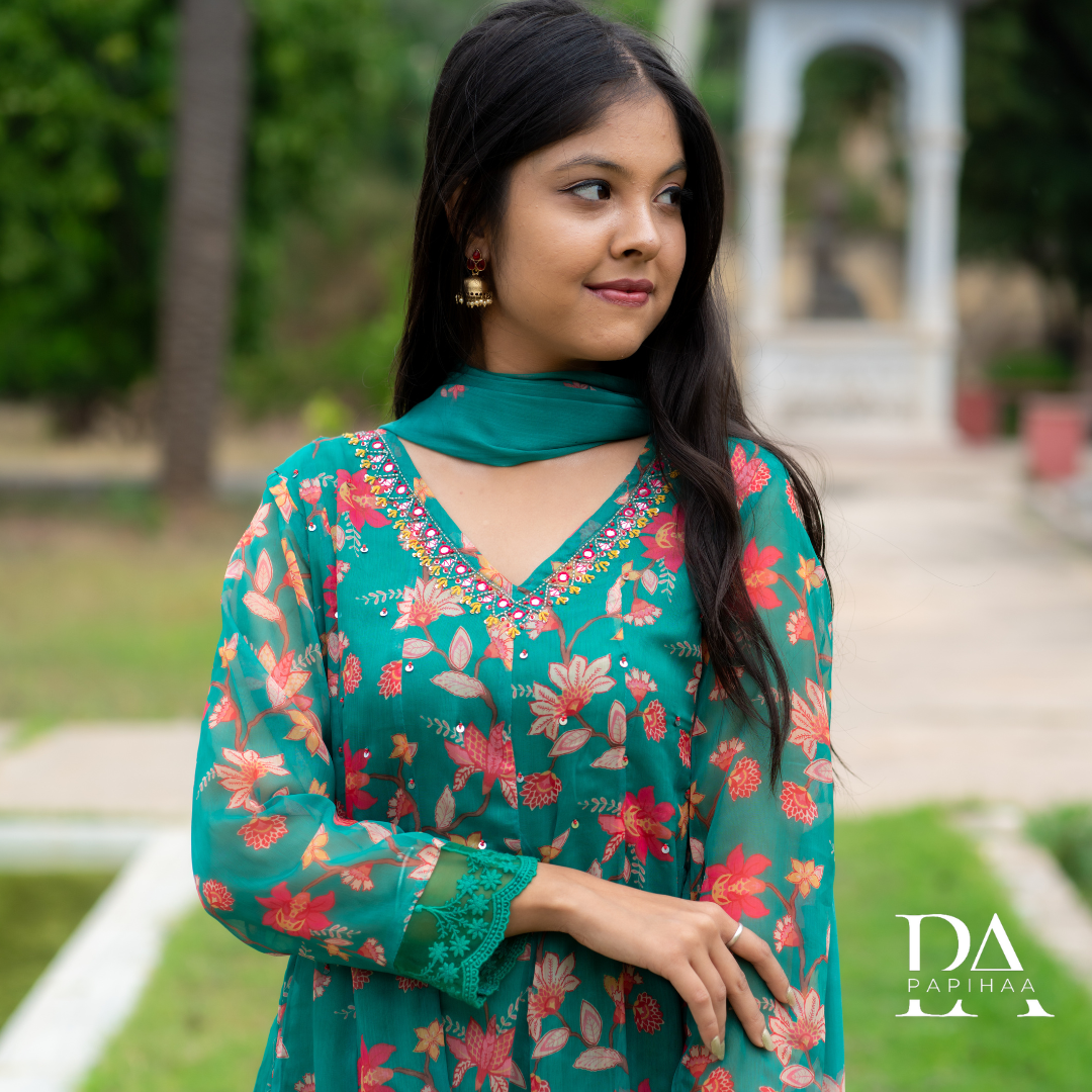 Shadmani Green Chiffon Floral Anarkali Suit