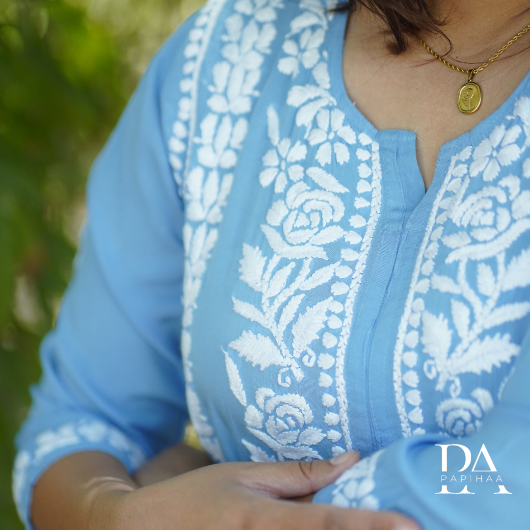 Powder Blue Modal 3D Chikankari Rose Panel Kurti