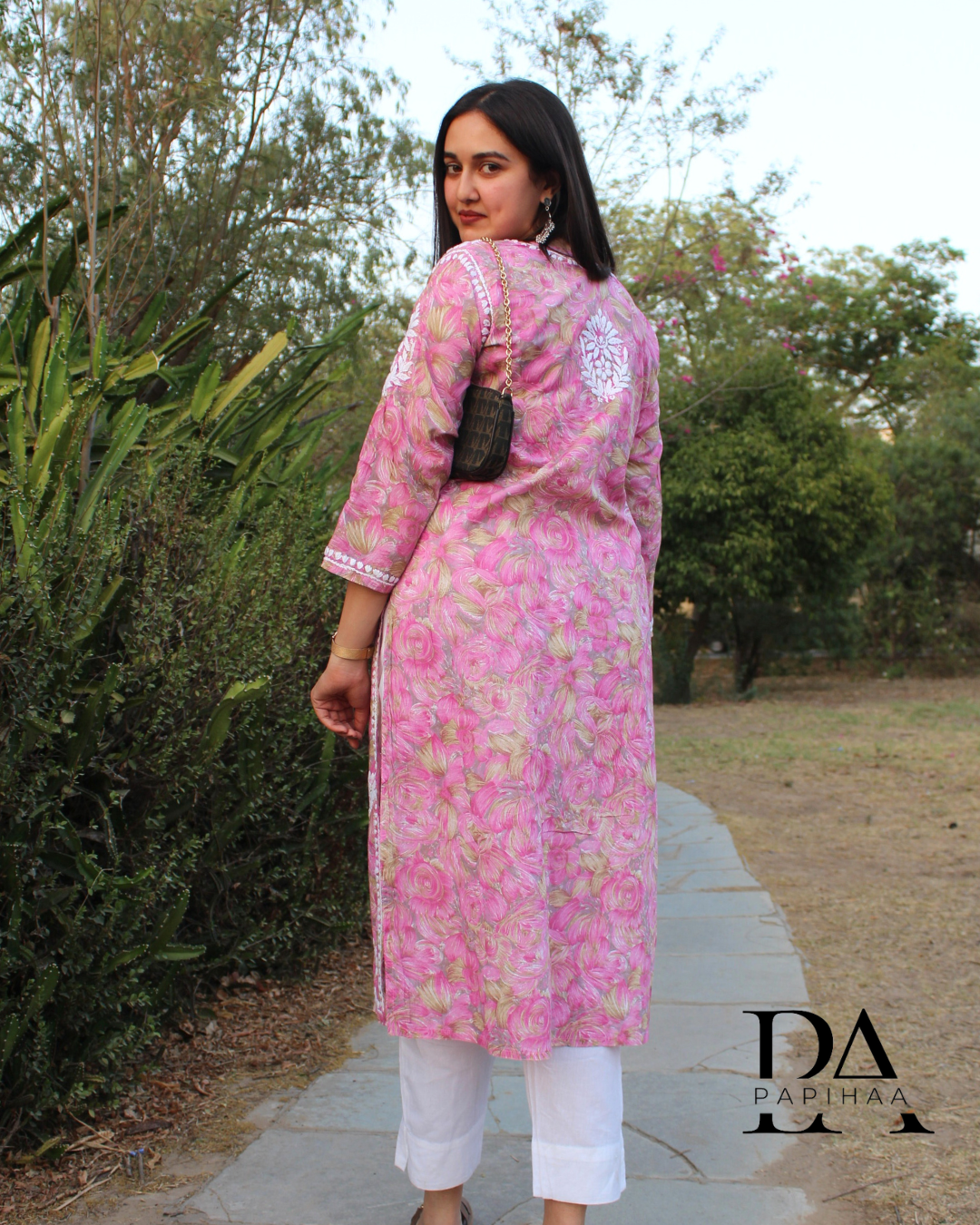 Neeraja Pink floral carnation printed 3d Chikankari Kurti