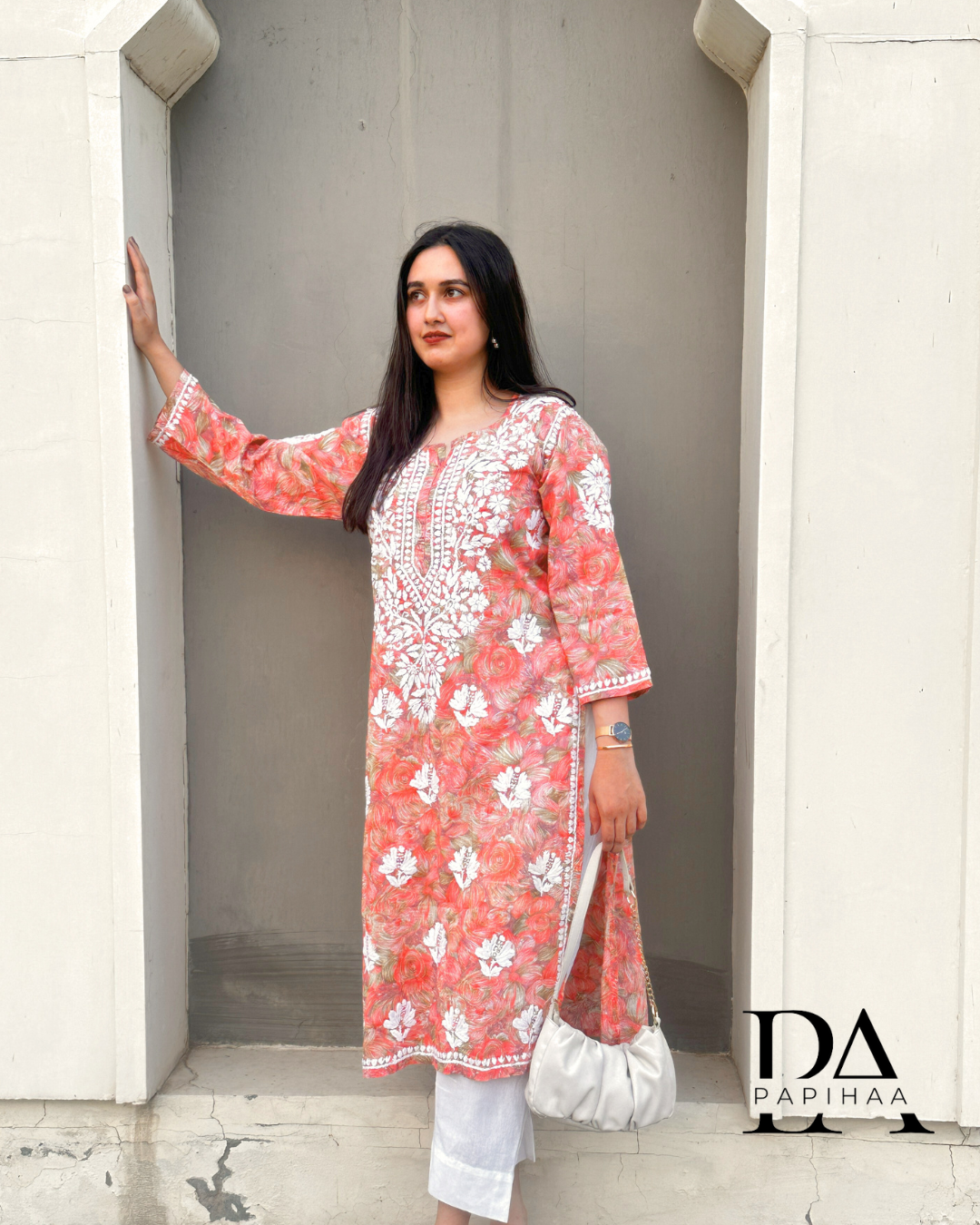 Neeraja Orange  floral carnation printed 3d Chikankari Kurti