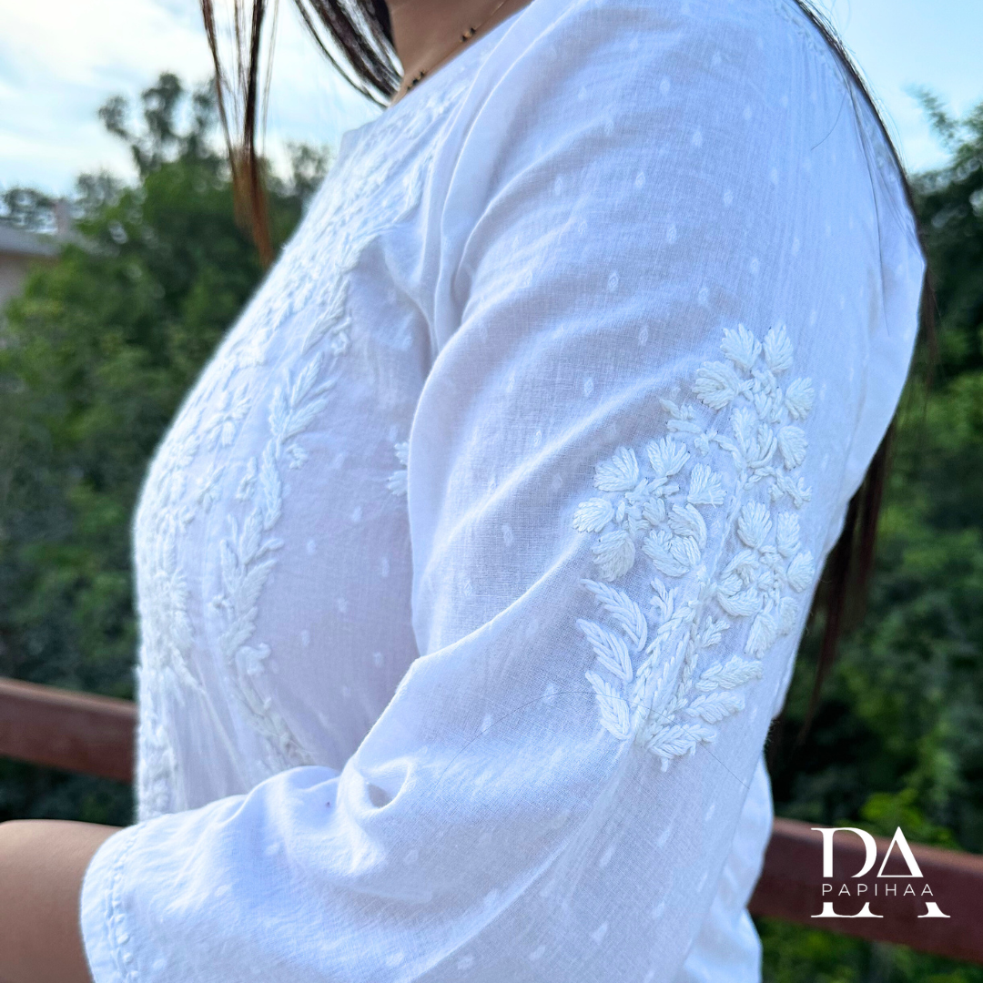 White Dobby Weave Short Chikankari Kurti