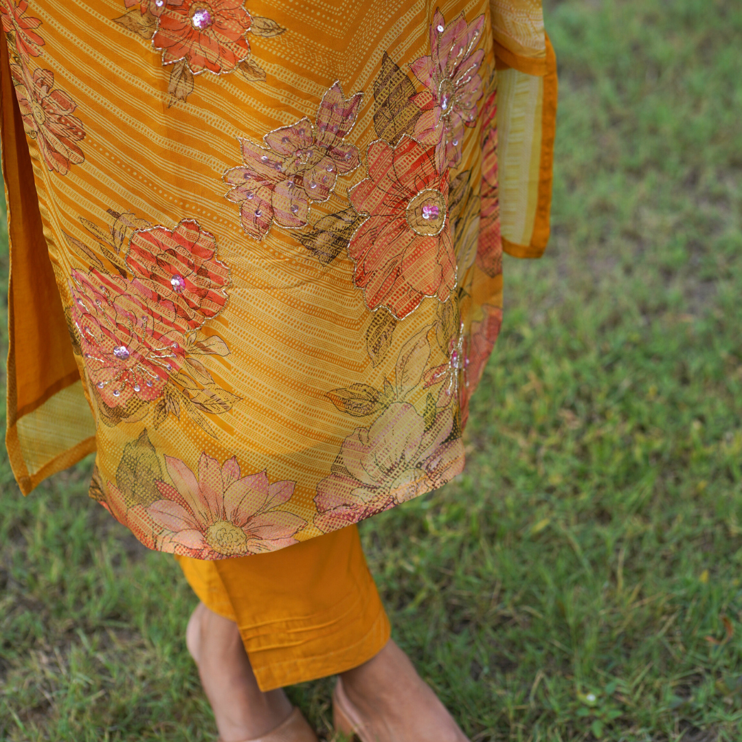 Mustard Yellow Soft Organza Straight Stitched Suit