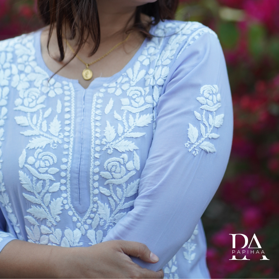 Lavender Modal 3D Chikankari Rose Panel Kurti