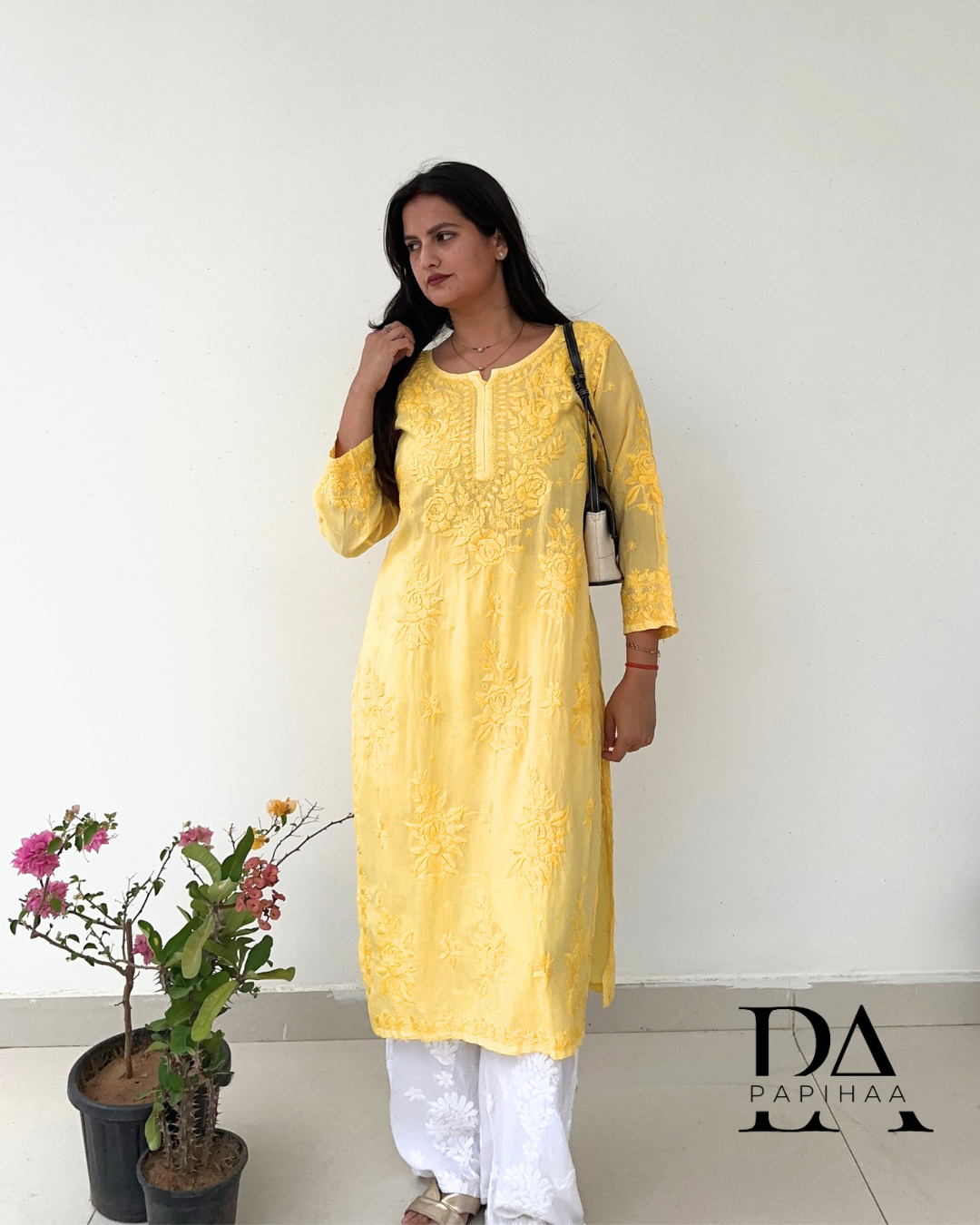 Preeti Yellow Tone on Tone 3d Modal Chikankari Kurti