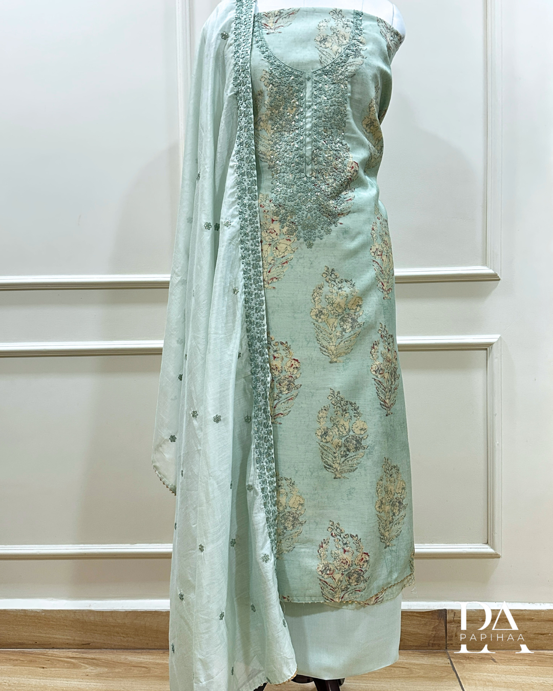 Leher Threadwork and Sequins sage green modal Ready to Stitch set