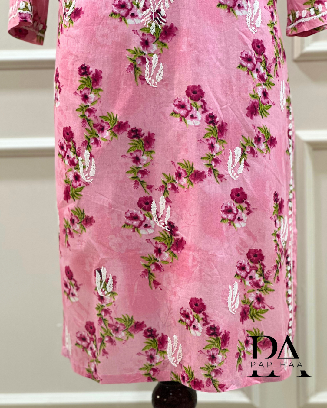Bougainvillea Pink Premium Mulmul Printed Chikankari Kurti