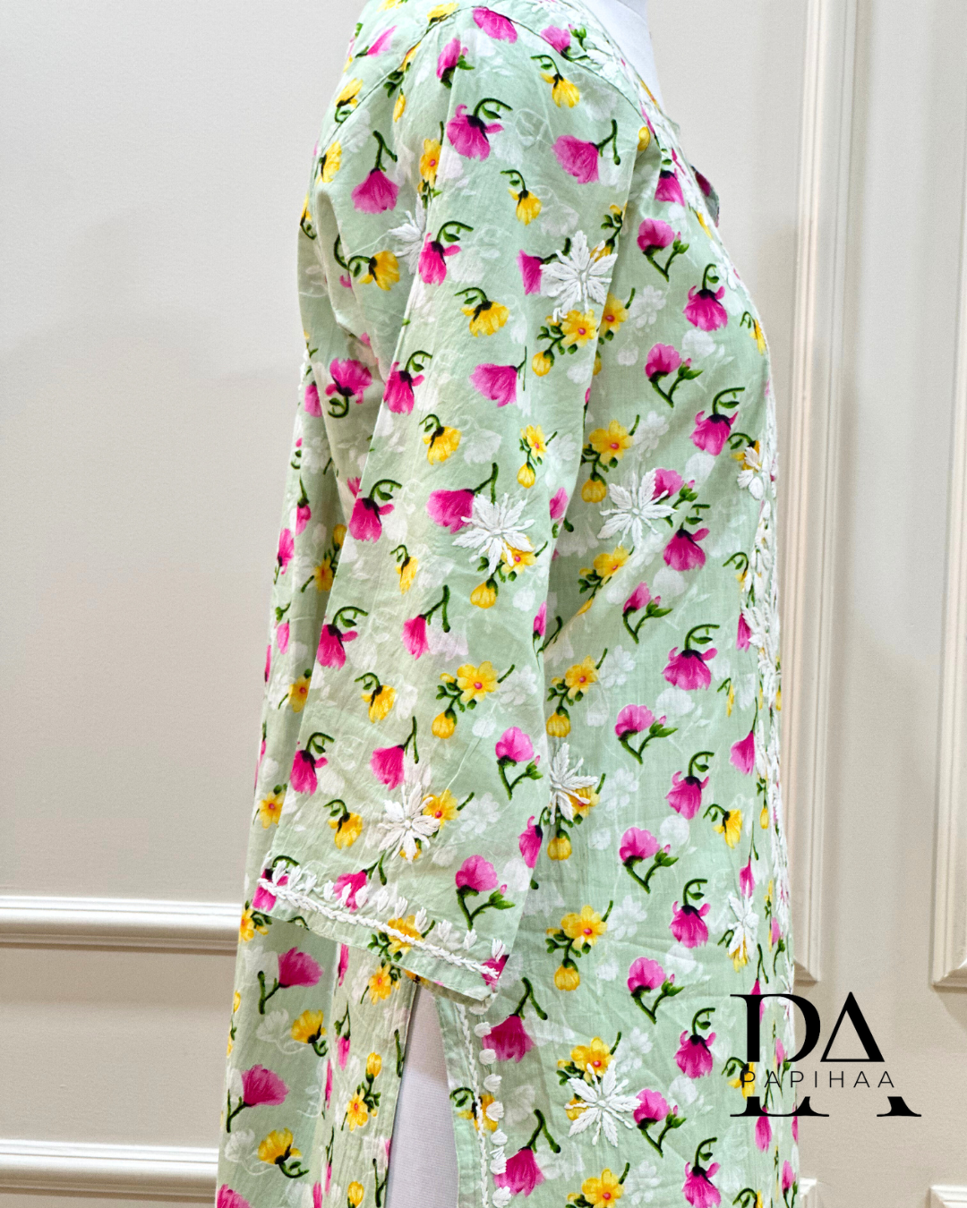 Bougainvillea Pastel Green Premium Mulmul Printed Chikankari Kurti