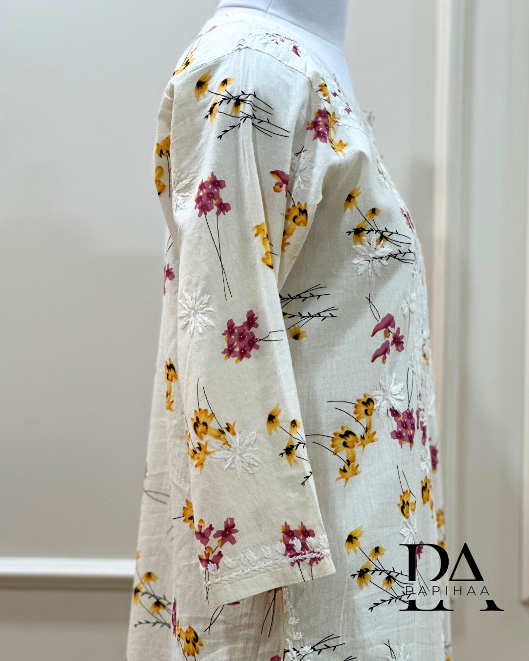 Bougainvillea Off-white Premium Mulmul Printed Chikankari Kurti