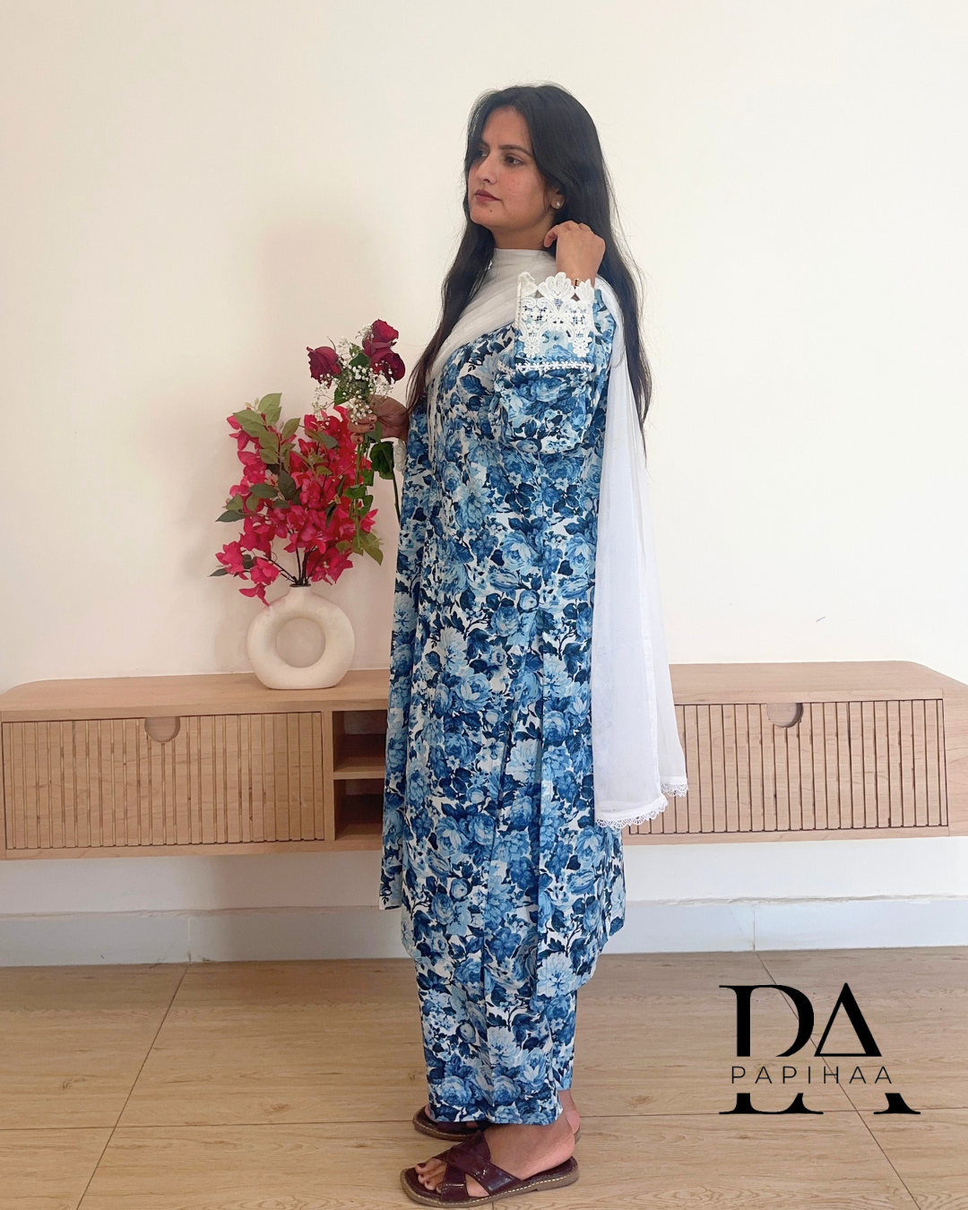 Phool Indigo Floral Lace detail Kurta Set
