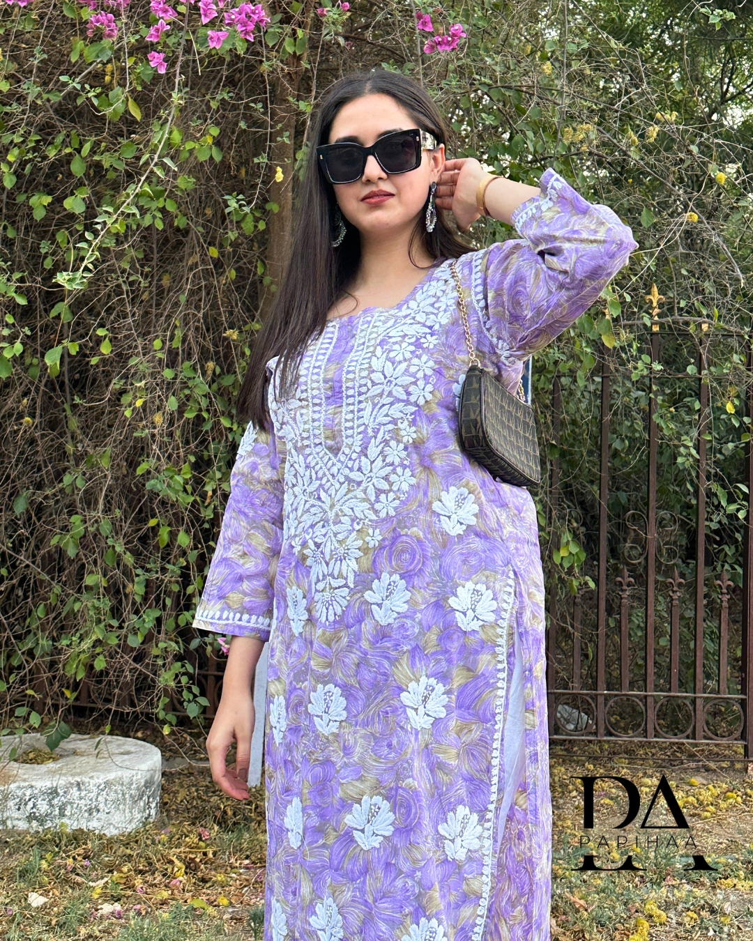 Neeraja Lavender floral carnation printed 3d Chikankari Kurti