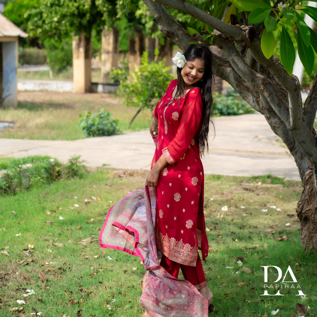 Red Soft Organza Straight Stitched Suit