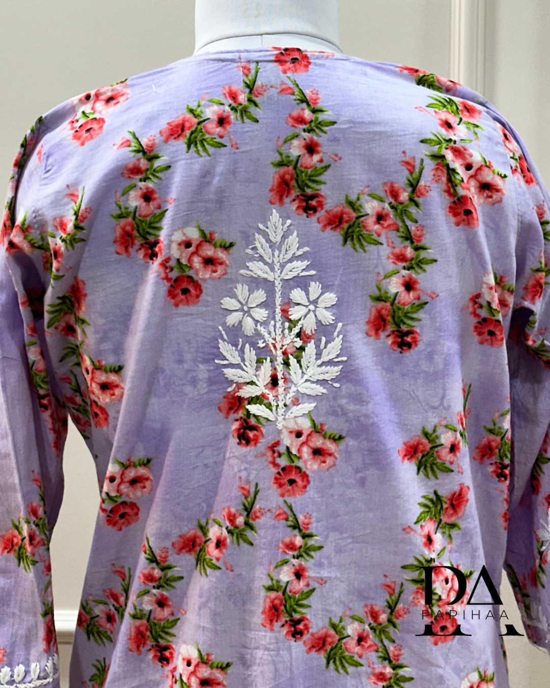 Bougainvillea Lavender Premium Mulmul Printed Chikankari Kurti