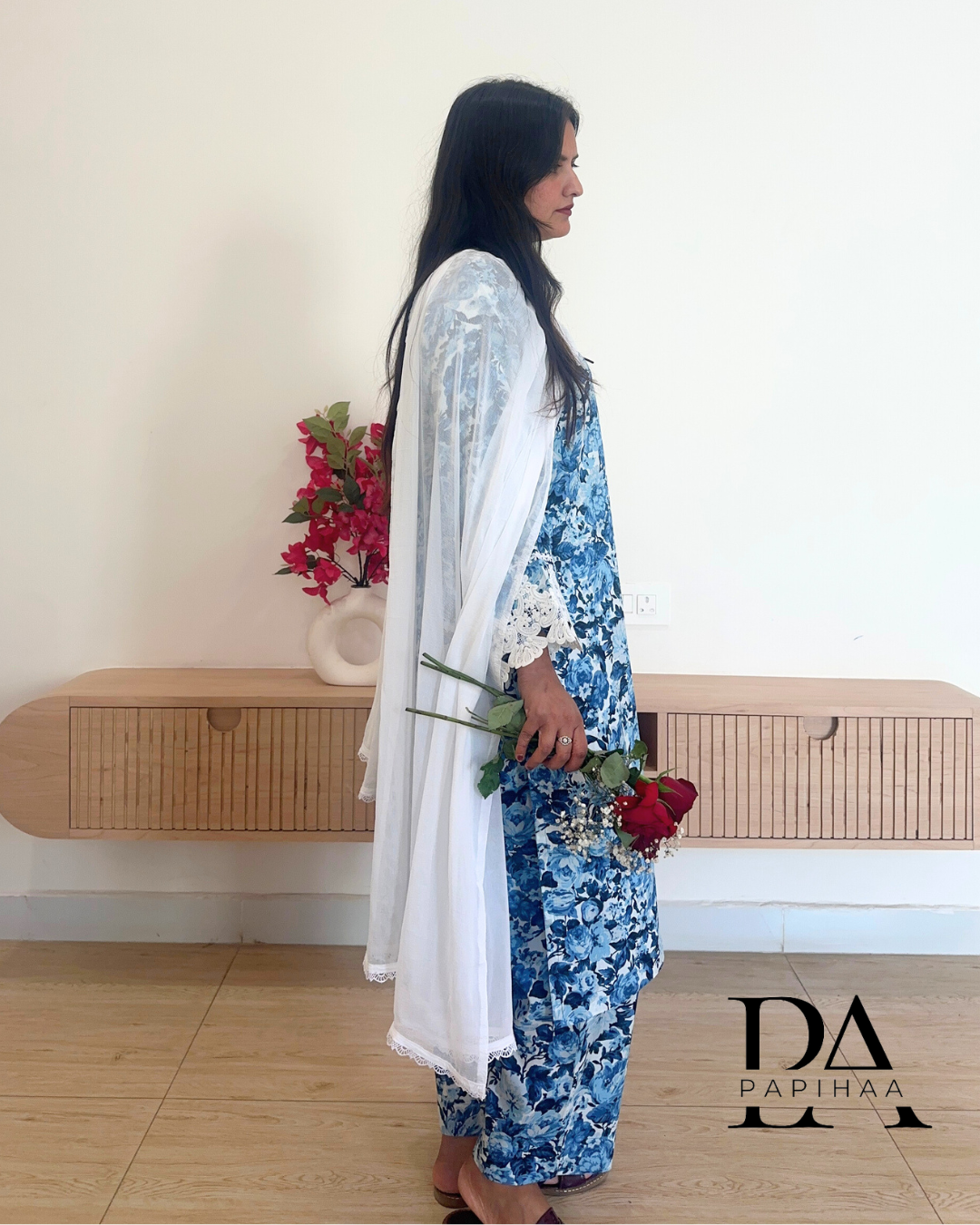 Phool Indigo Floral Lace detail Kurta Set