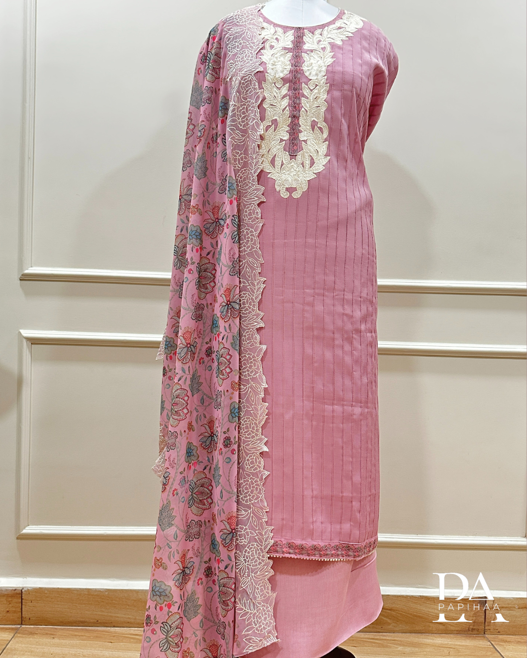 Soft roman silk semi stitched set with applique and pintucks