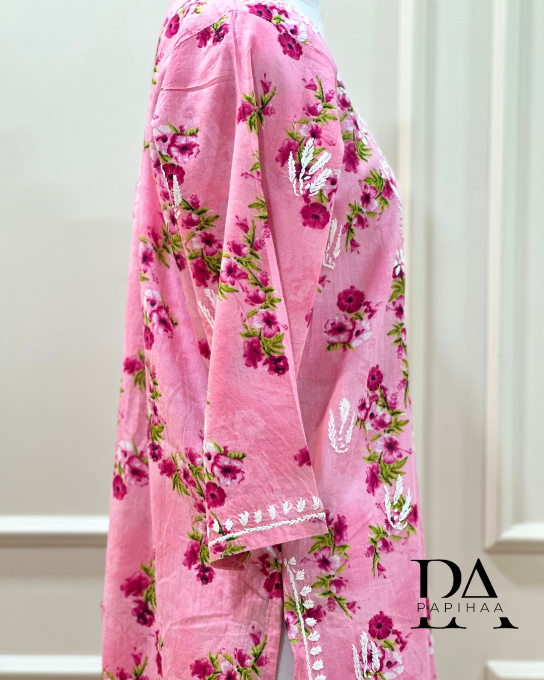 Bougainvillea Pink Premium Mulmul Printed Chikankari Kurti