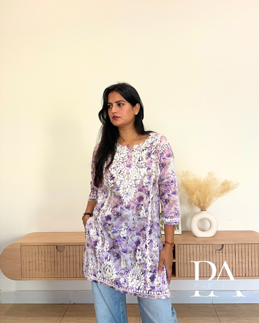 Inara Lavender Mulmul Short Chikankari Kurti