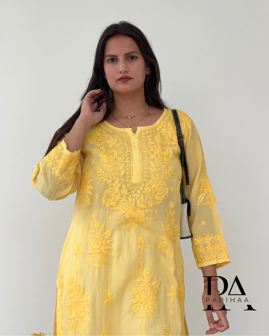 Preeti Yellow Tone on Tone 3d Modal Chikankari Kurti