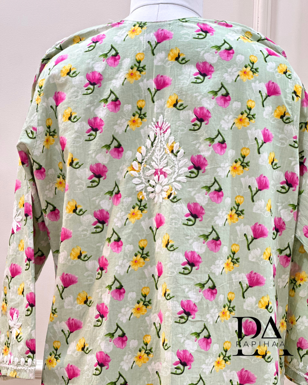 Bougainvillea Pastel Green Premium Mulmul Printed Chikankari Kurti
