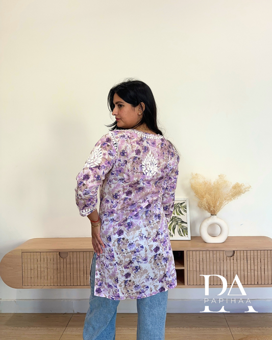 Inara Lavender Mulmul Short Chikankari Kurti