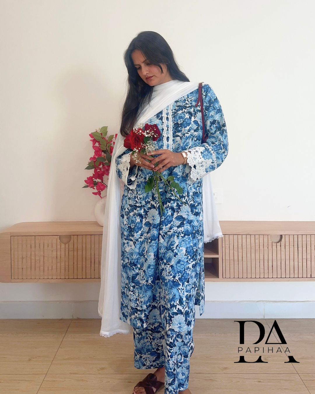 Phool Indigo Floral Lace detail Kurta Set
