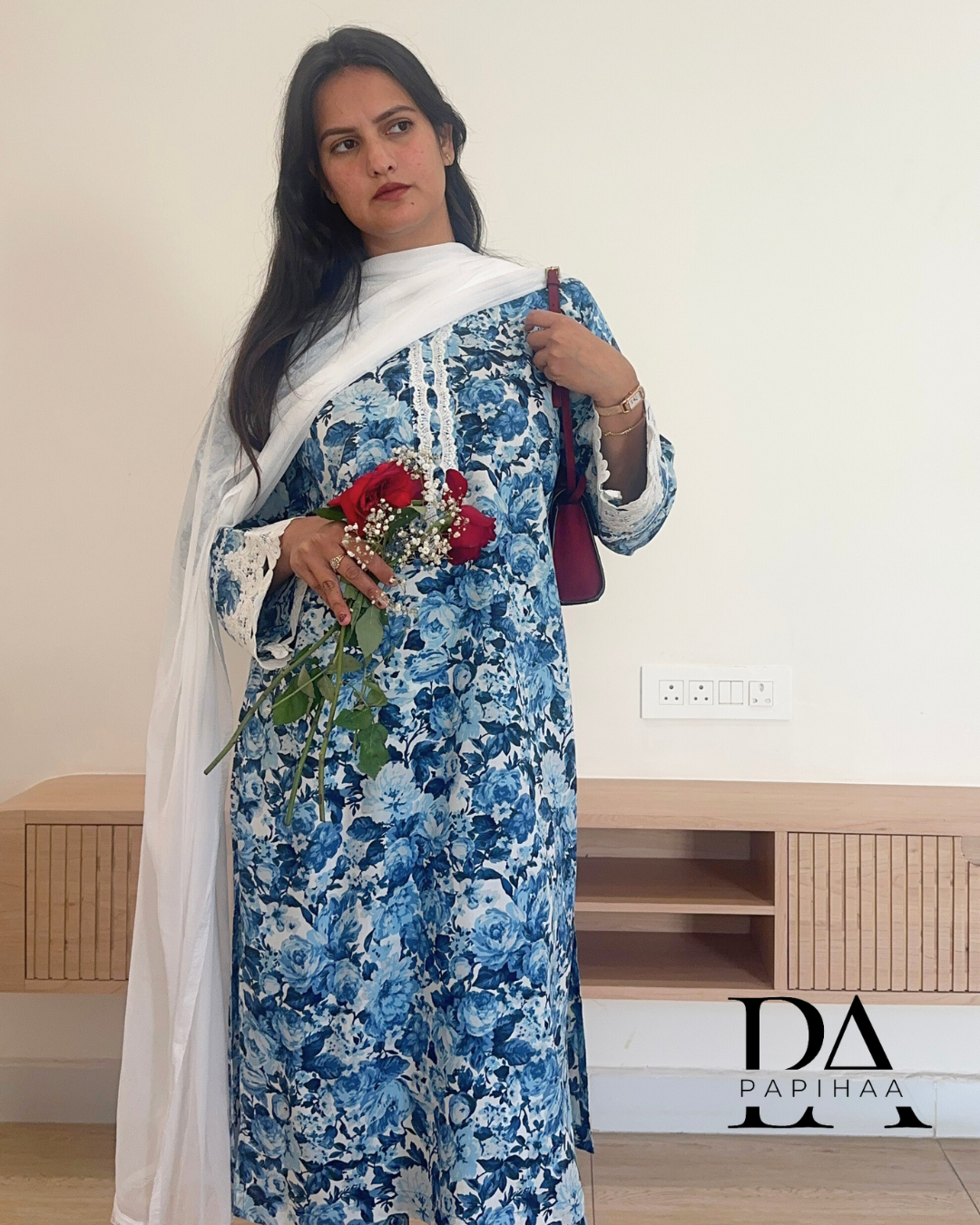Phool Indigo Floral Lace detail Kurta Set