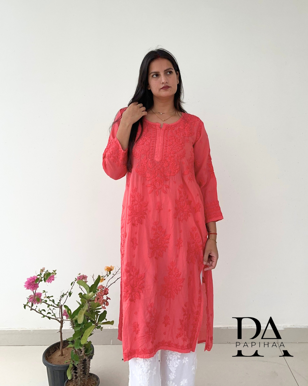 Preeti Salmon Red Tone on Tone 3d Modal Chikankari Kurti